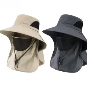 2Pcs Unisex Outdoor Sun Cap - Wide Brim UPF Protection Fishing Headwear with Neck Flap, Detachable Face Cover, Quick-Dry Breathable Mesh, Adjustable Fit, Men's Accessories, for Hiking, Camping,summervibes