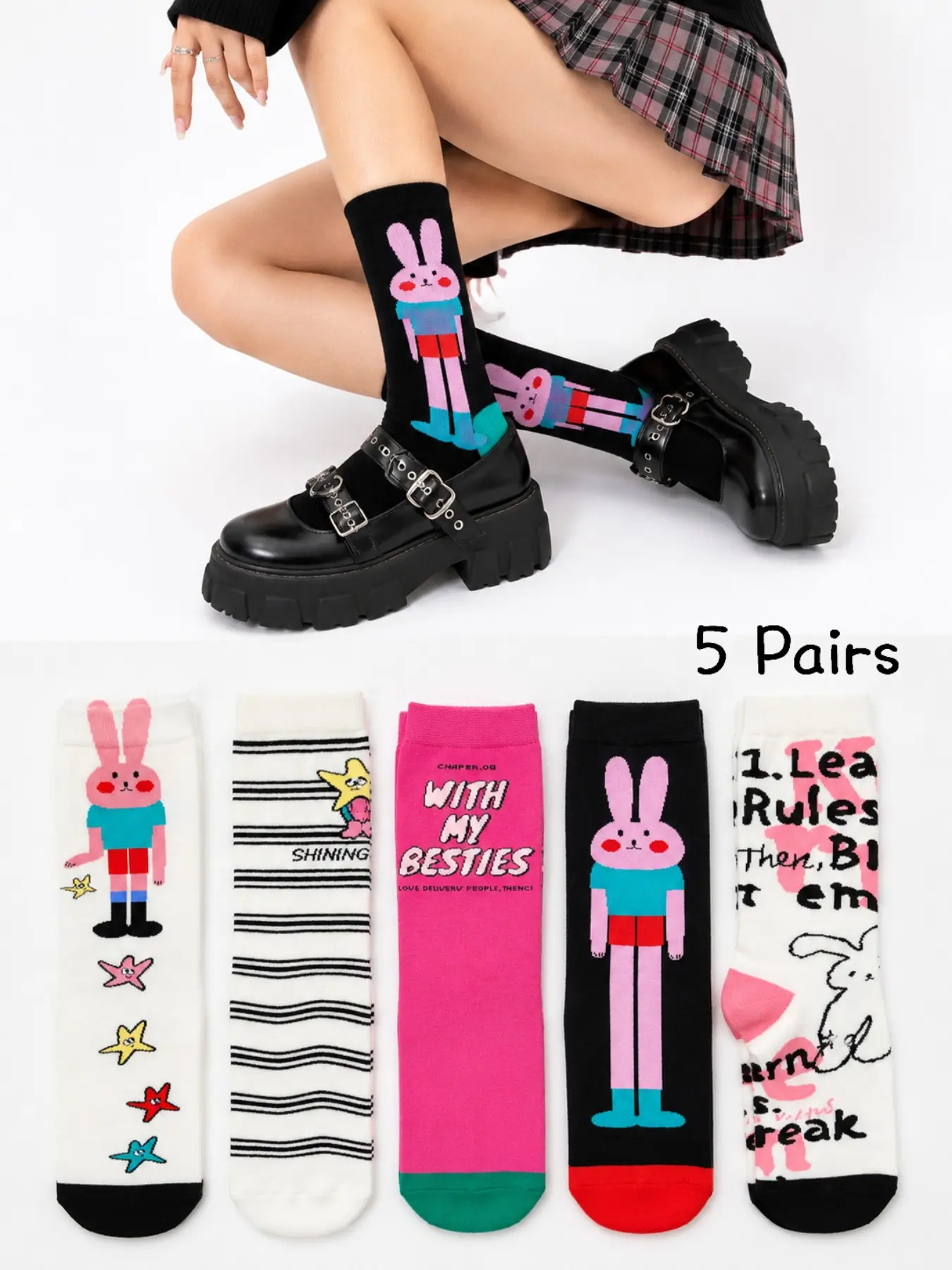 5 Pairs Y2K Bunny & Bestie Crew Socks for Women, Cute Funny Graphic Socks, It Girl Streetwear Socks for Mini Skirt & Chunky Sneaker Outfits, All Seasons