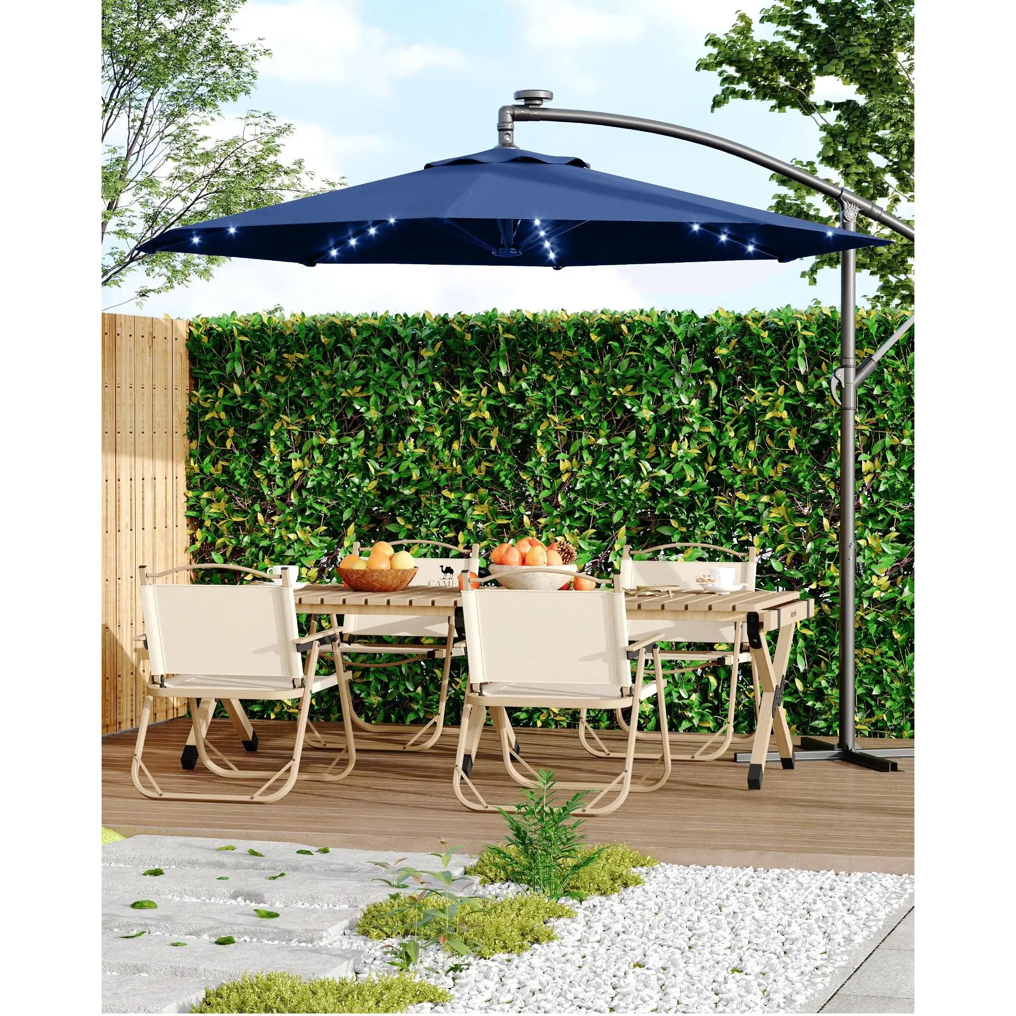 Garvee 10FT Cantilever Patio Umbrella with Cross Base, Outdoor Offset Umbrella with Crank Lift & Infinite Tilt, Large Heavy Duty Shade Umbrella for Backyard, Lawn, Garden, Deck & Poolside, Navy Blue With Lights