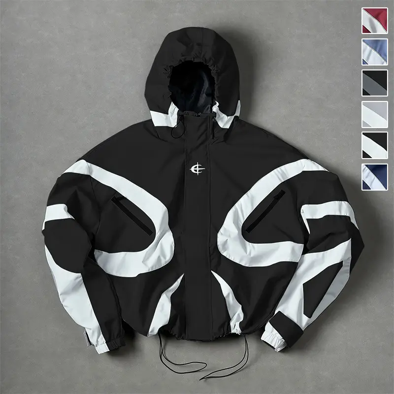 Oversized Color Block Hooded Windbreaker for Men, Wind Resistant Smooth Shell Curved Splicing Relaxed Fit Outerwear with Adjustable Cuffs for Camping Jogging Weekend Travel