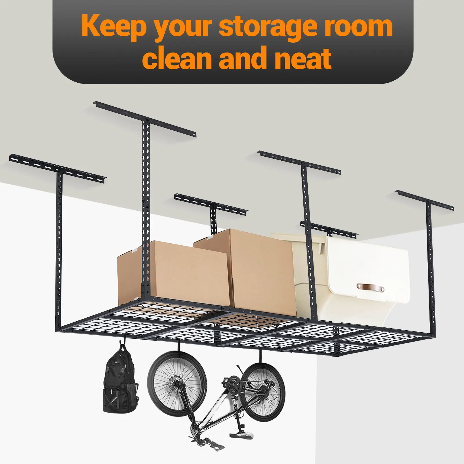 3x8 Ft Overhead Garage Storage Rack, Height Adjustable Ceiling Storage Rack with 750 Lbs Weight Capacity, Heavy Duty Metal Organization System for Garage Storage