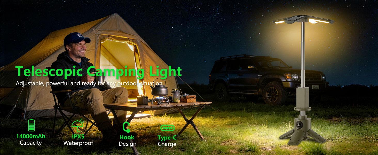 Telescopic Camping Lights with Stand, 14000mAh Rechargeable Camping Lantern with Display, Hook and IPX5 Waterproof, Outdoor Camping Lights for Travel, Fishing, Emergency Use
