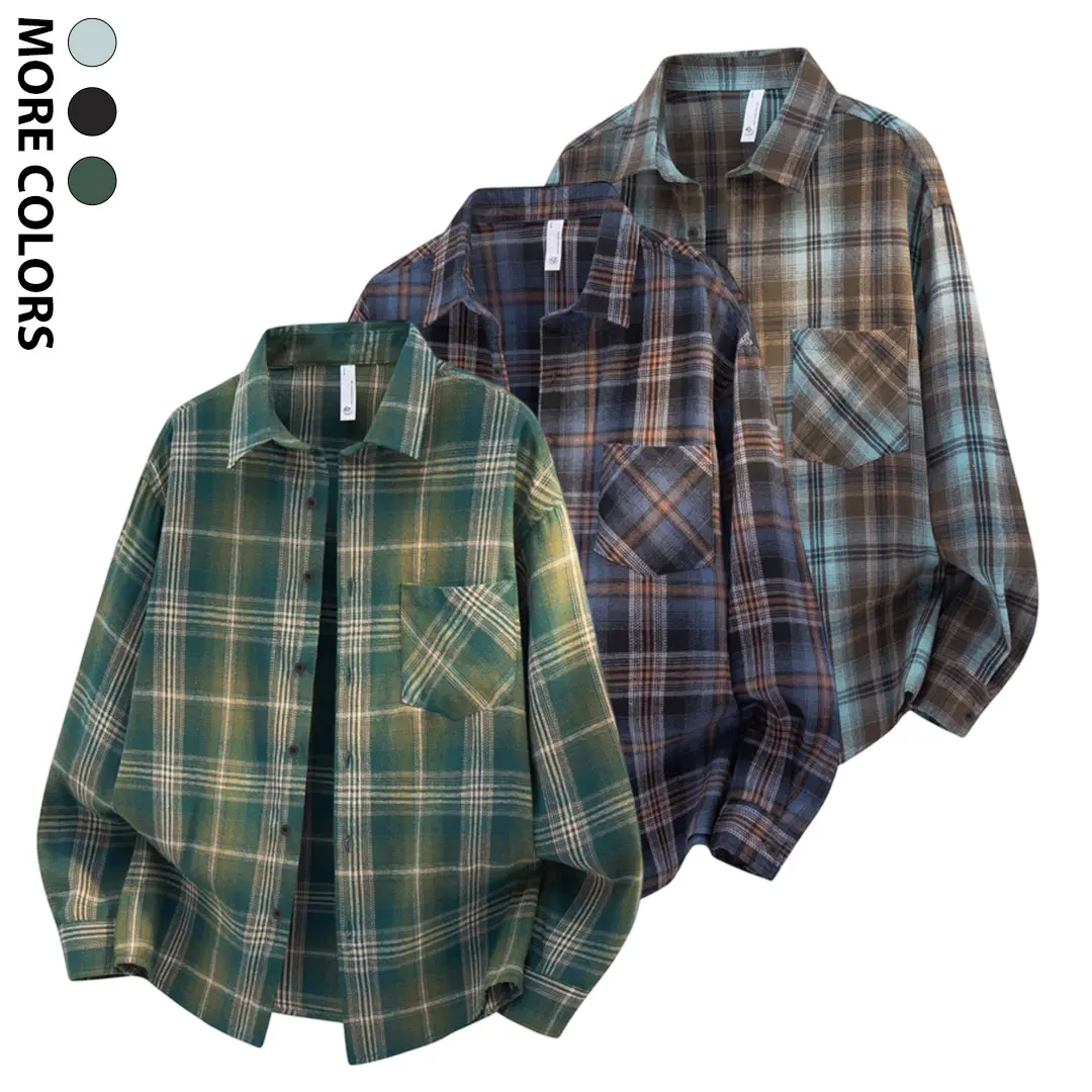 Men's Long Sleeve Flannel Plaid Shirt Casual Button Down Top Oversized Loose Fit Checkered Tartan Collar Chest Pocket Streetwear Grunge Y2K Hip Hop Harajuku Style Lightweight Soft Breathable Warm Autumn Outfits Everyday Male Clothing Apparel cozy 3-Colors