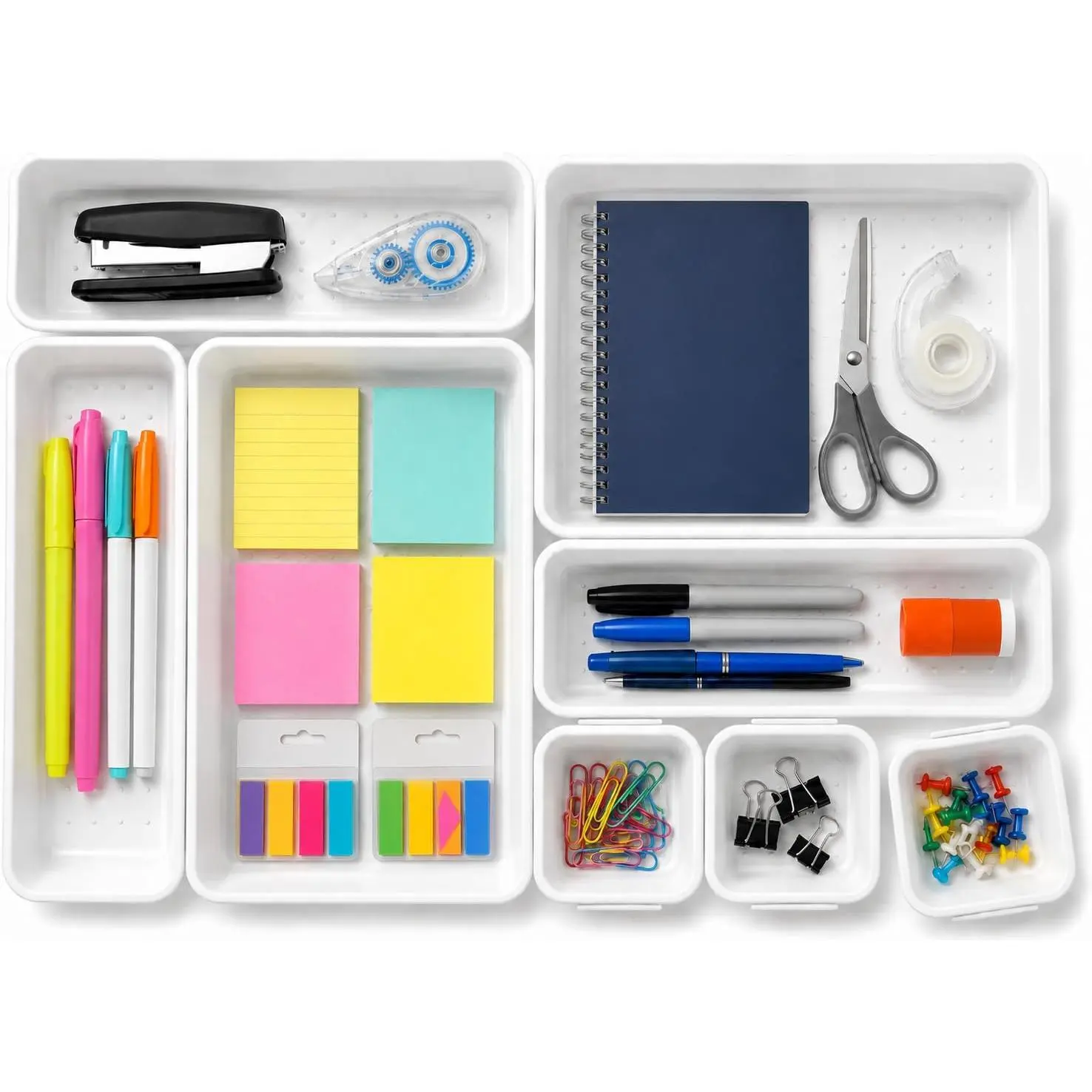 Interlocking Drawer Organizer Bins - Durable Plastic, Various Sizes for Custom Layout Design.  for Desk Drawer, Tool Box or Garage Organization. (White | 8- Set)