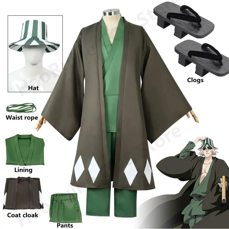 Urahara Kisuke Comic Costume, Japanese Style Kimono Uniform Clothes with Cape, Pants, and Hat, Festival Costume for Halloween Parties, Costume For Parties