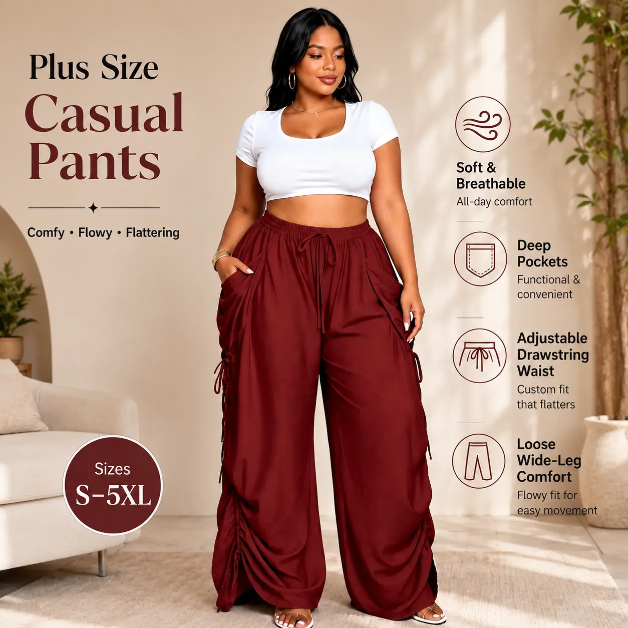 Women Plus Size Drawstring Wide Leg Casual Pants S-5XL, Lightweight Skin-Friendly Breathable Flowy Trousers with Side Pocket & Ruched Detail, Loose Slimming Draped Palazzo Pants for Daily Streetwear Vacation Loungewear All Day Comfort, Beach, Fits, Fashio