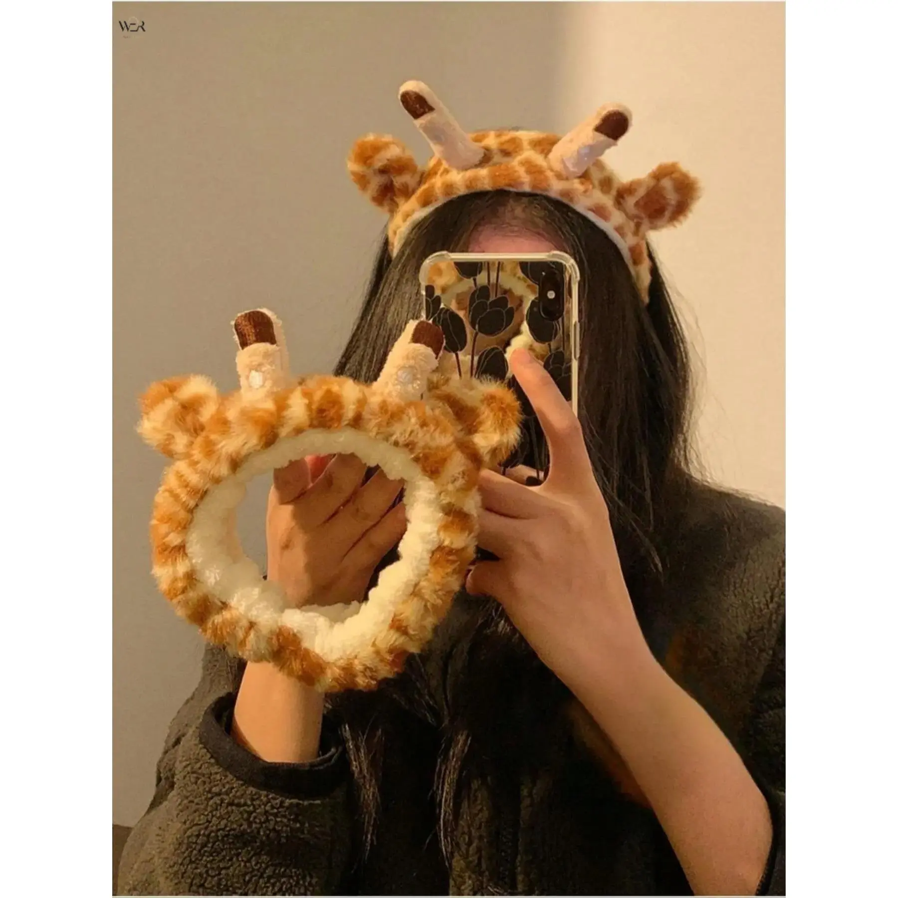 Plush Giraffe Horn Makeup Hair Band, Leopard Print Fuzzy Stretch Facial Wash Headband 12.5cm, Cute Animal Ear Spa Hair Wrap for Skincare Shower Daily Use