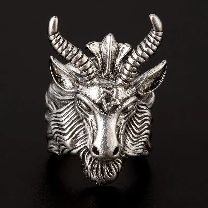 Men's Silver Adjustable Fitted Baphomet Sigil Detail Open Signet Ring - Handmade 2000s Retro Punk Gothic Rock Designer Costume Jewelry, Biker Accessory, Engagement Gift Idea, Dark Fantasy Aesthetic