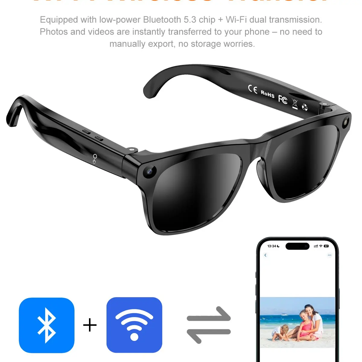 Ai Smart Glasses Xkone, HD Photo Video, Bluetooth-compatible Call Music Player, Noise Reduction, Blue Light Protection, 290mah Battery, Unisex, Daily Use