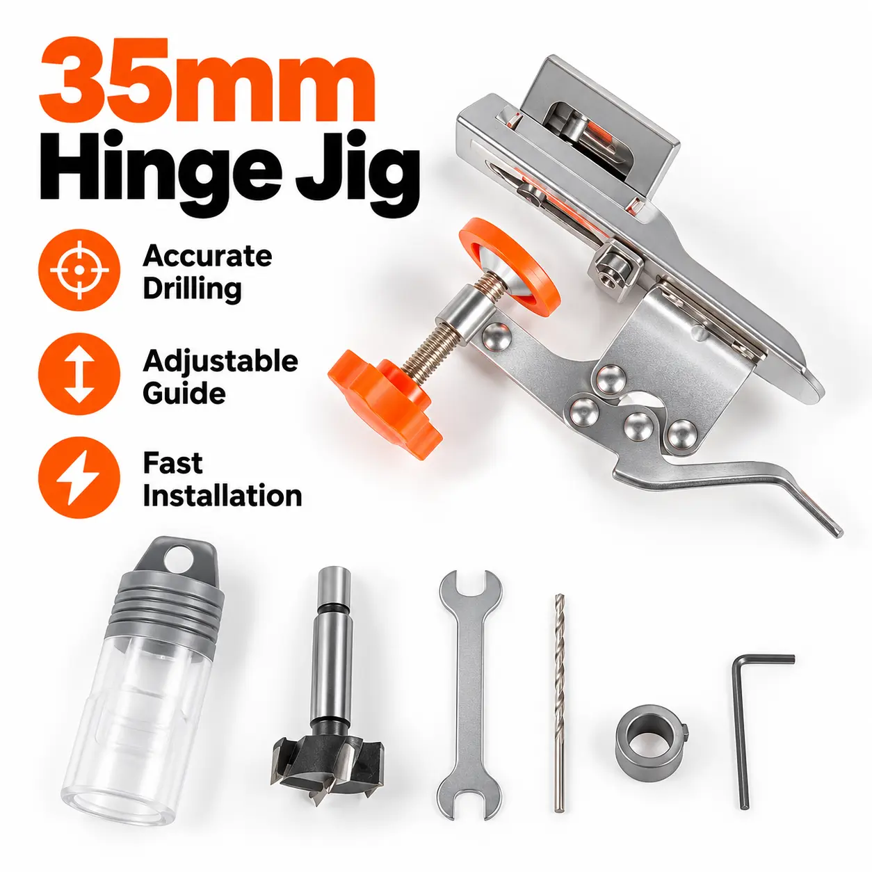 35mm Stainless Steel Hinge Jig for Cabinet Doors, Accurate Concealed Hinge Punching Template with Adjustable Drill Locator, Professional Woodworking Installation Tool