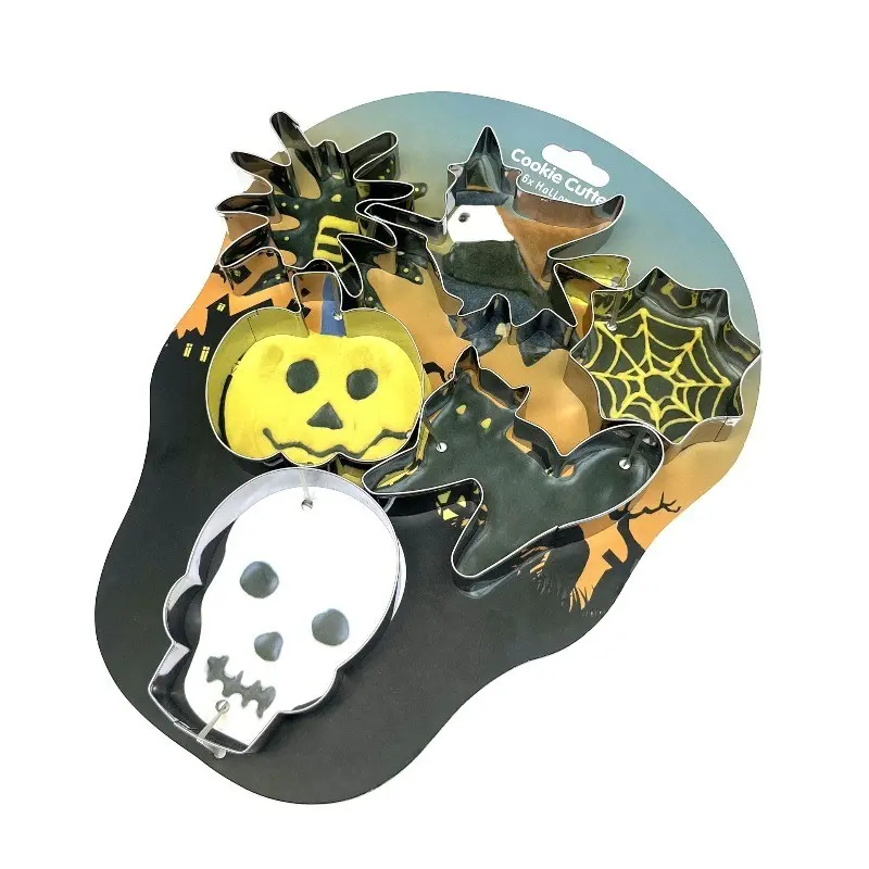 6pcs Halloween Stainless Steel Cookie Cutter Set, Skull Pumpkin Bat Spider Web Cat Witch Hat Shapes, DIY Baking, Fondant & Party Decor