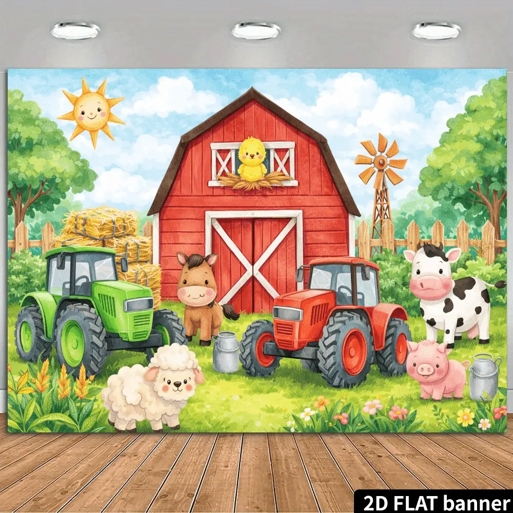 2D Flat Farm Animals Birthday Banner | Cute Barnyard Tractor Party Backdrop | Single-Sided Polyester | Metal Grommets for Easy Hanging | Perfect for Kids Birthday Parties, Baby Showers, Farm Theme & Photo Booth Decor