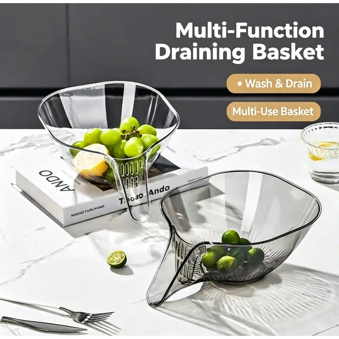 Multifunctional Polypropylene Draining Basket - Kitchen Utensils for Vegetable & Fruit Cleaning, Dry-Wet Sep. Water Filtering Household Gadget