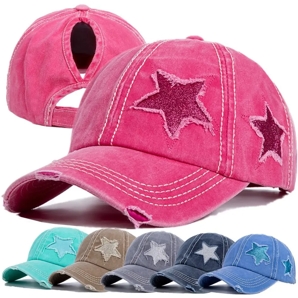 Womens Ponytail High Messy Bun Hats Distressed Baseball Caps Unconstructed Washed Dad Hat Girls Trucker Ponycaps Sun Hat