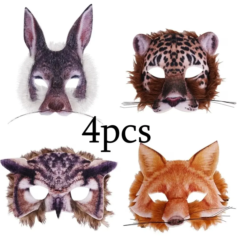 4-Piece Animal Half Face Mask Set, Realistic Plush Rabbit, Leopard Print, Owl, Fox Masks, Soft Fur Animal Masks, Animal Head Mask for Halloween, Cosplay, Costume Parties