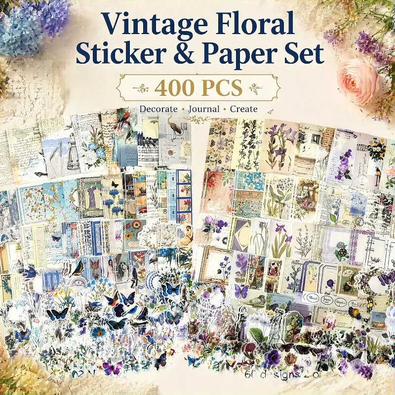 400PCS Retro Flowers Mixed Styles Embellishment Sticker-Paper Set, Aesthetic Botanical Ephemera, Office Stationery for Junk Journal Scrapbooking DIY, Handmade Gift Accessories, Craft