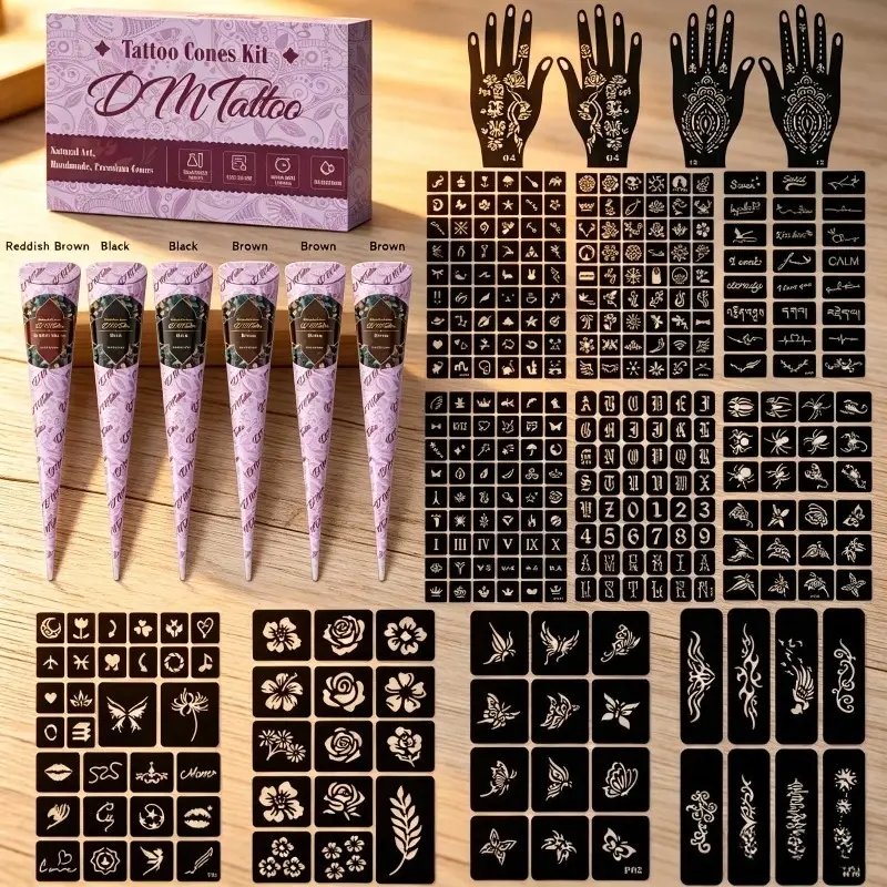 6PCS Multi Shades Henna Temporary Tattoo Cones Kit, Natural Non-Toxic Mehndi Paste with Hand & Letter Reusable Tattoo Stencils, Waterproof Long Lasting DIY Body Art Tattoo Supplies for Boho Party Vacation Wedding