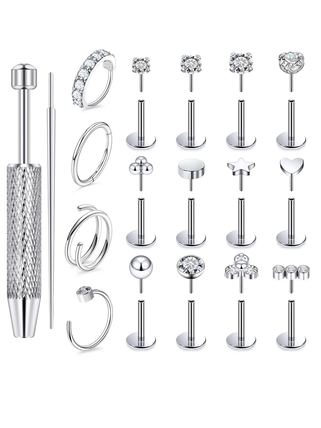 Surgical Steel  Filled Nose Rings And Nose Studs Set, 20G Threadless Flat Back Nose Piercing Jewelry, Body Piercing Jewelry, Hypoallergenic Surgical Steel CZ Helix Tragus Cartilage Nostril Earrings For Women Men