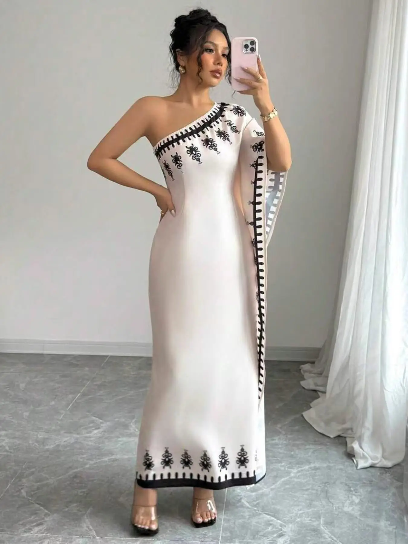 Elegant Paisley Print One-Shoulder Asymmetric Long Dress, Slim Fit Evening Gown for Festive Parties, Women's Stylish Cocktail Dress
