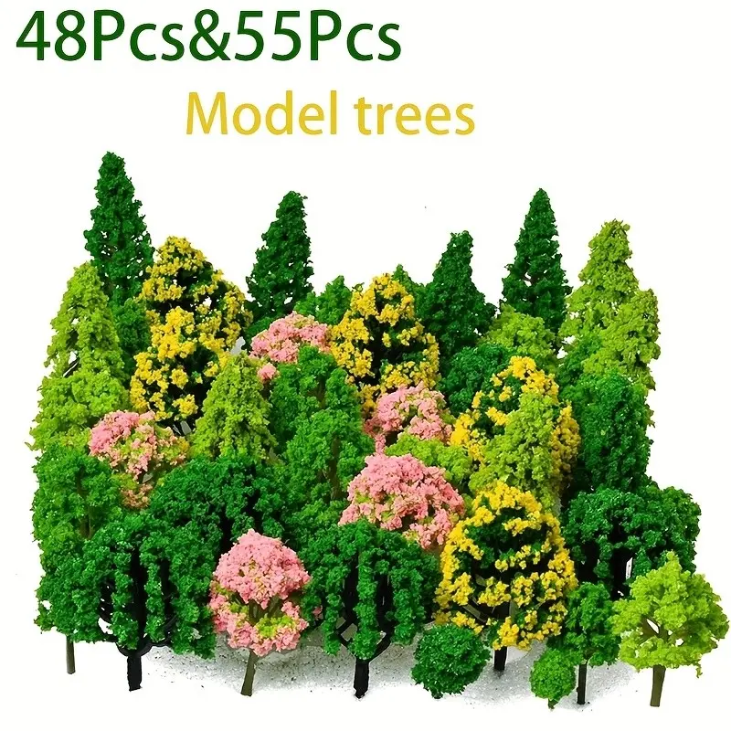 48/55 Piece Miniature Model Tree Set, Realistic Plastic Fake Greenery Fake Trees, Decorative for Sandbox Layouts, Train Models, Architectural Landscapes, Mixed Plants