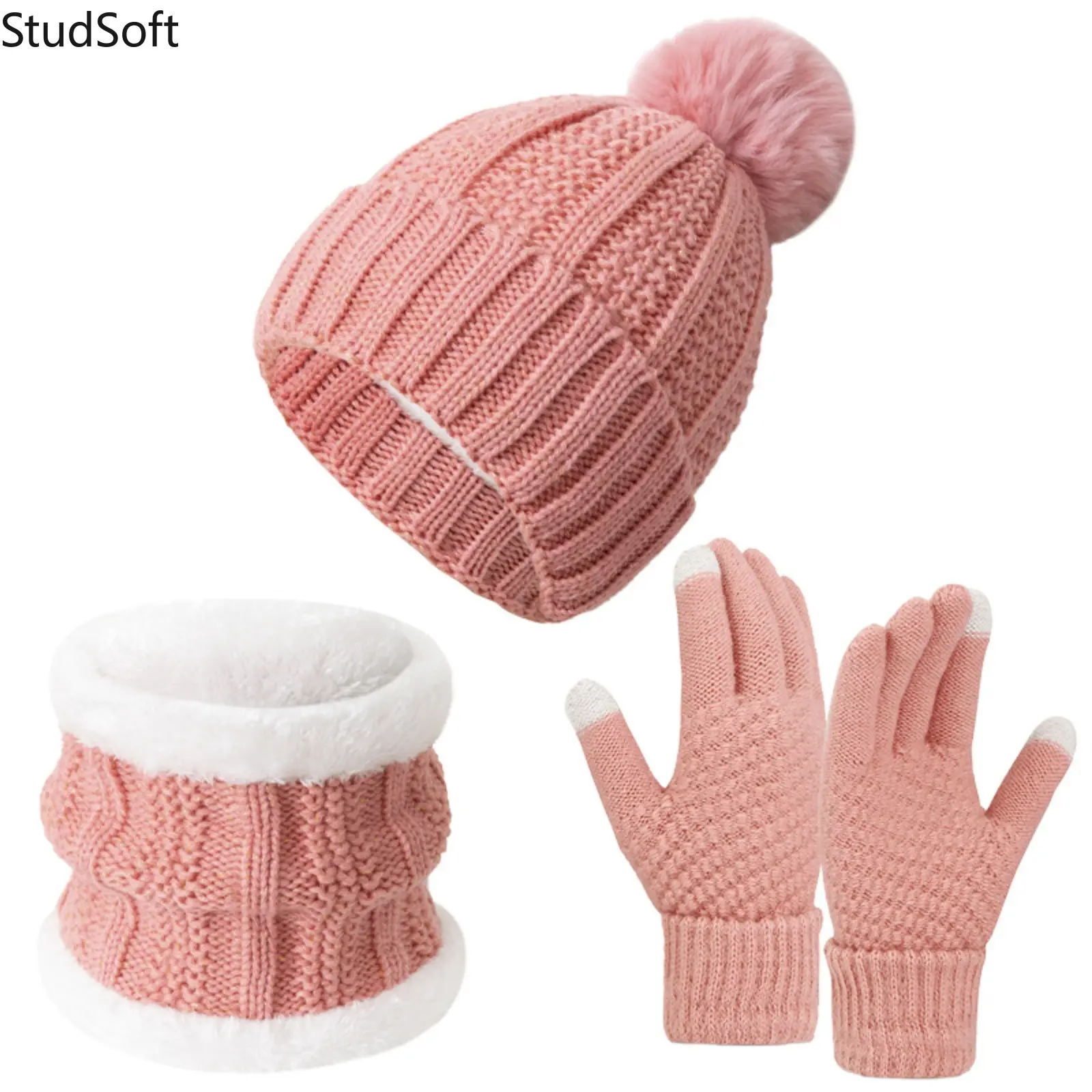 3Pcs Winter Beanie Hat Scarf Gloves Set Pink Cable Knit Pom Pom Cap Fleece Lined Thick Neck Warmer Touchscreen Mittens Pack for Women Girl Outdoor