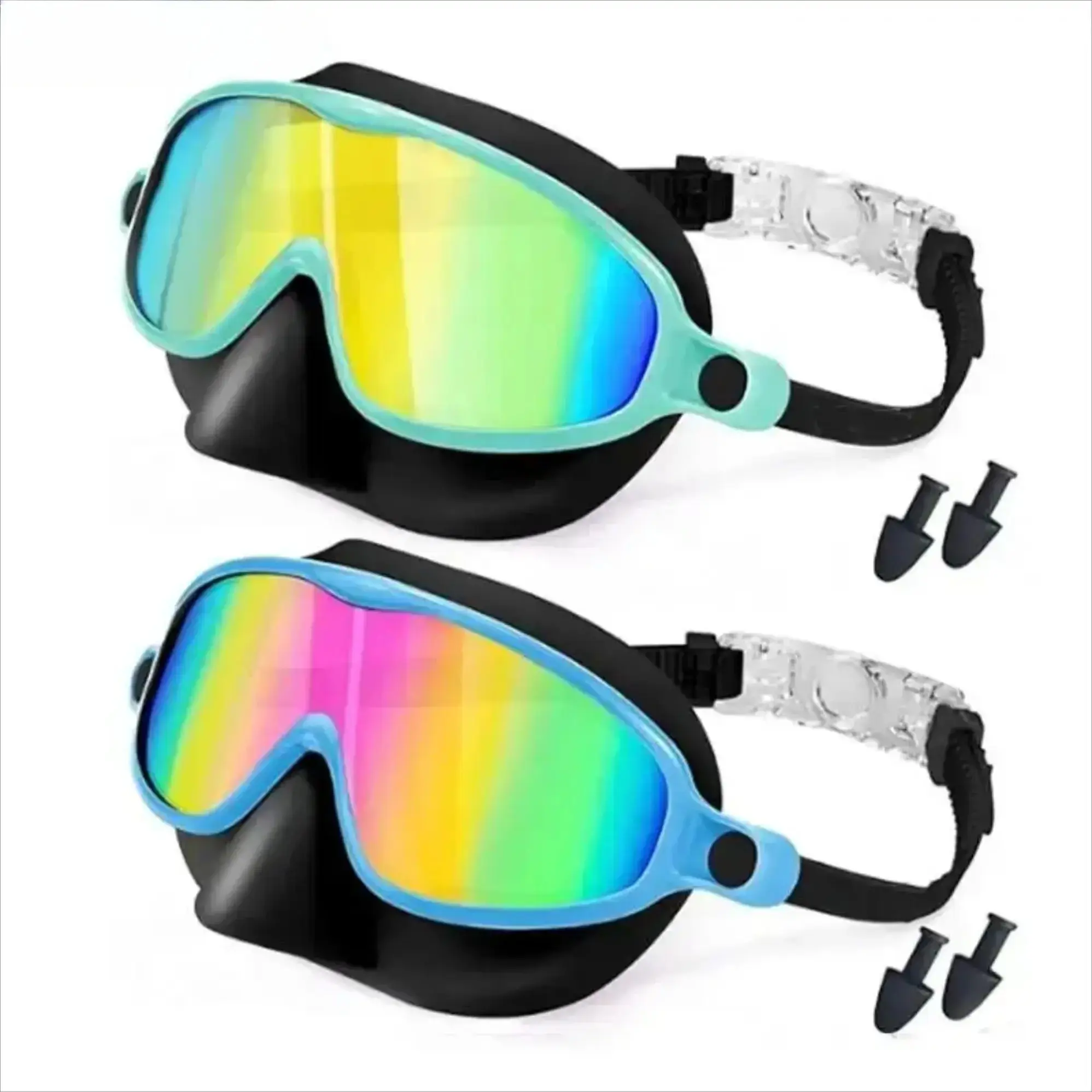 2PCS Swimming Goggles Set, Anti Fog UV Protection Swim Glasses with Leakproof Soft Seal and Adjustable Strap, Comfortable Water Sports Gear with Nose Cover and Earplugs for Pool, Beach, Snorkeling and Diving
