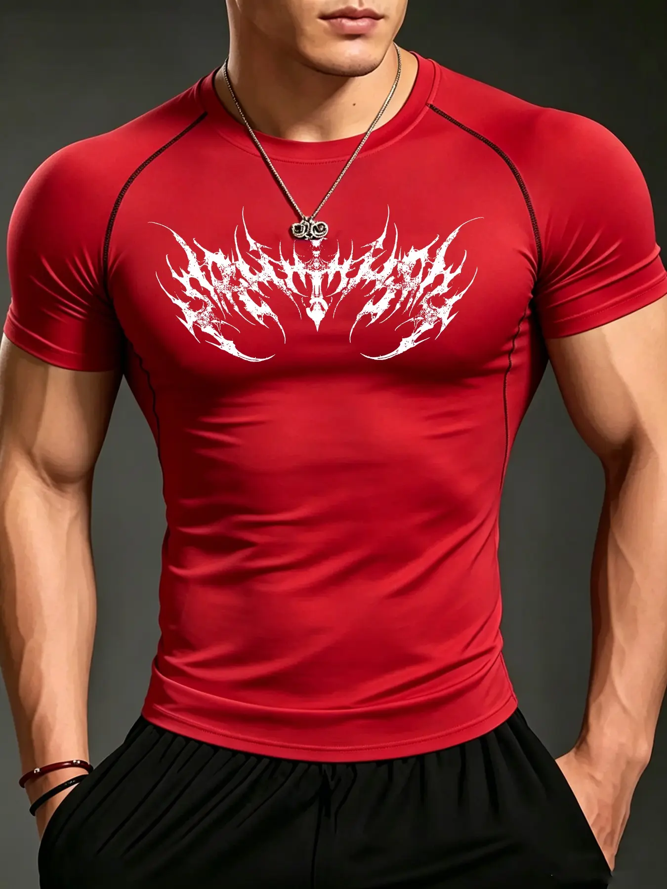Streetwear Men's Black Athletic Workouts Compression T-Shirt Gothic Dark Demon Wings Print Quick-Dry Breathable Slim Fit & Muscle Support Fitness Workout Shirt Gym Training Tee Top Dry Fit Tees