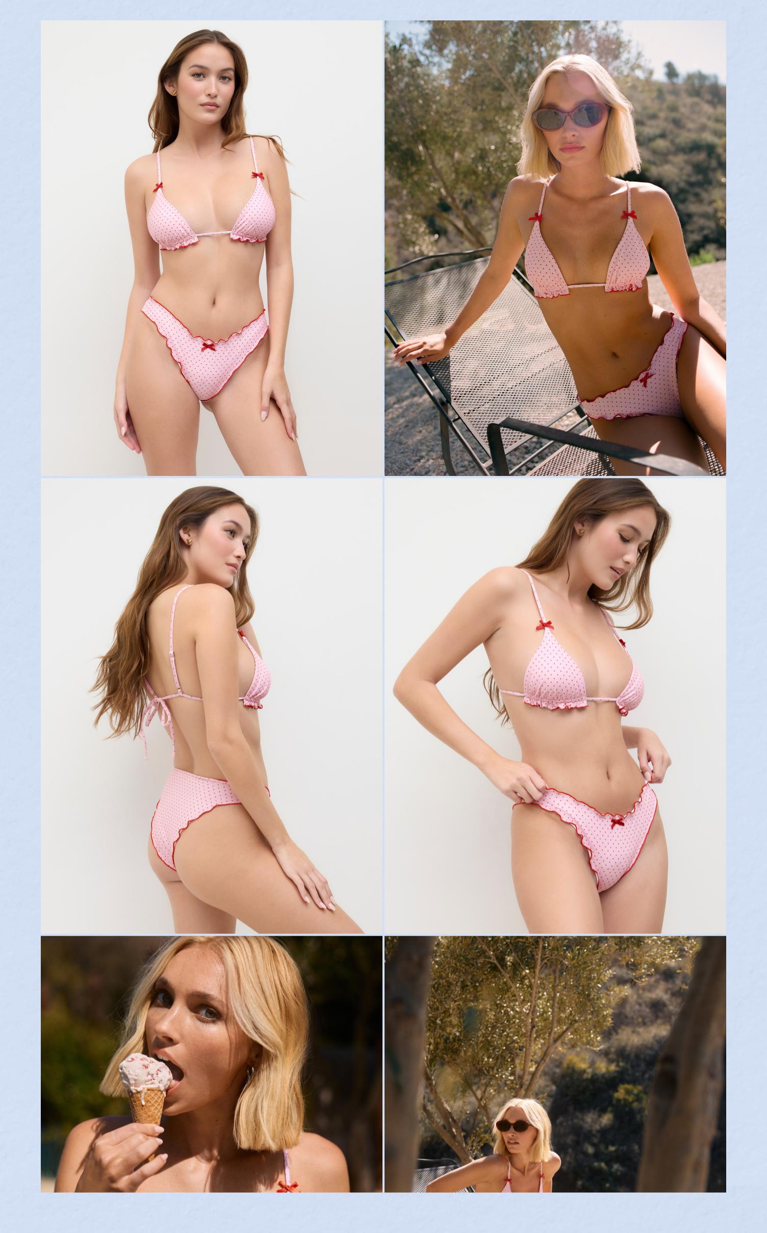 Cider V-neck Polka Dot Lettuce Trim Bowknot Halter Bikini Set