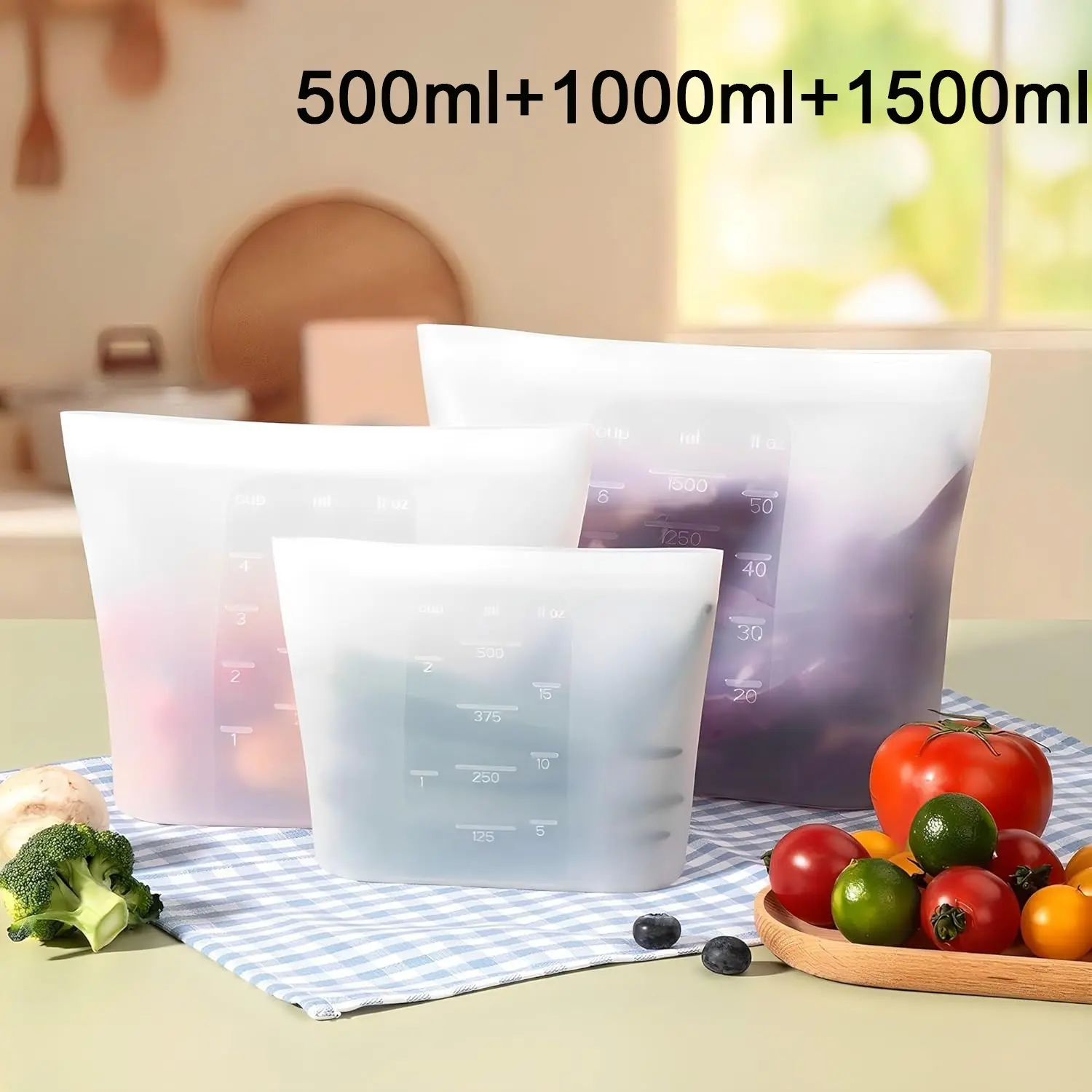 Reusable Silicone Food Storage Bags, Sandwich Snack Bags, 3 Sizes 17oz+34oz+51oz Stand Up Food Grade Silicone Bags with Measurement Scale, Leakproof Freezer Bags for Meal Prep, Soup, Fruit, Microwave & Dishwasher Safe