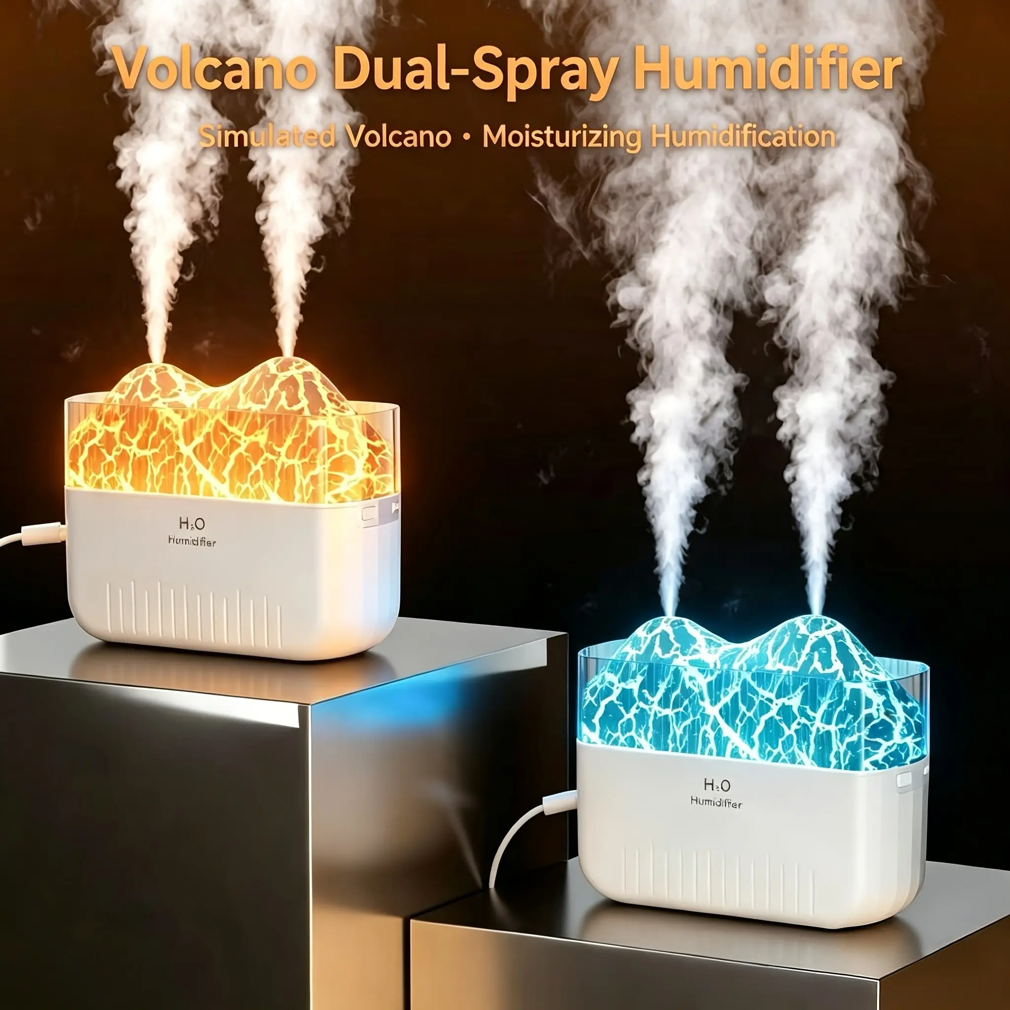 USB Volcano Dual-Spray Humidifier, Simulated Lava Night Light, Ultra-Quiet Mist Diffuser, Usb Powered Humidifier, Ideal for Bedroom & Office, Perfect Home Decor Gift