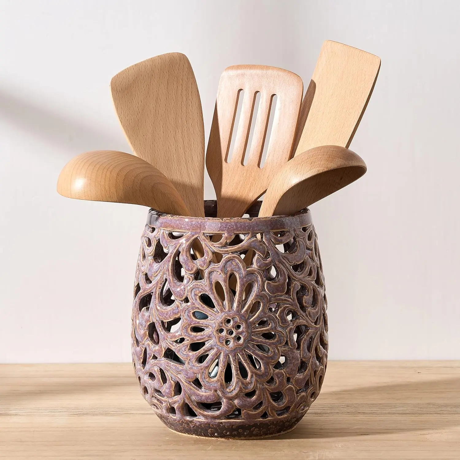 Ceramic Large-Size Classic Kitchen Utensil Holder with Cork Mat - Countertop Cooking Tool Storage Organizer