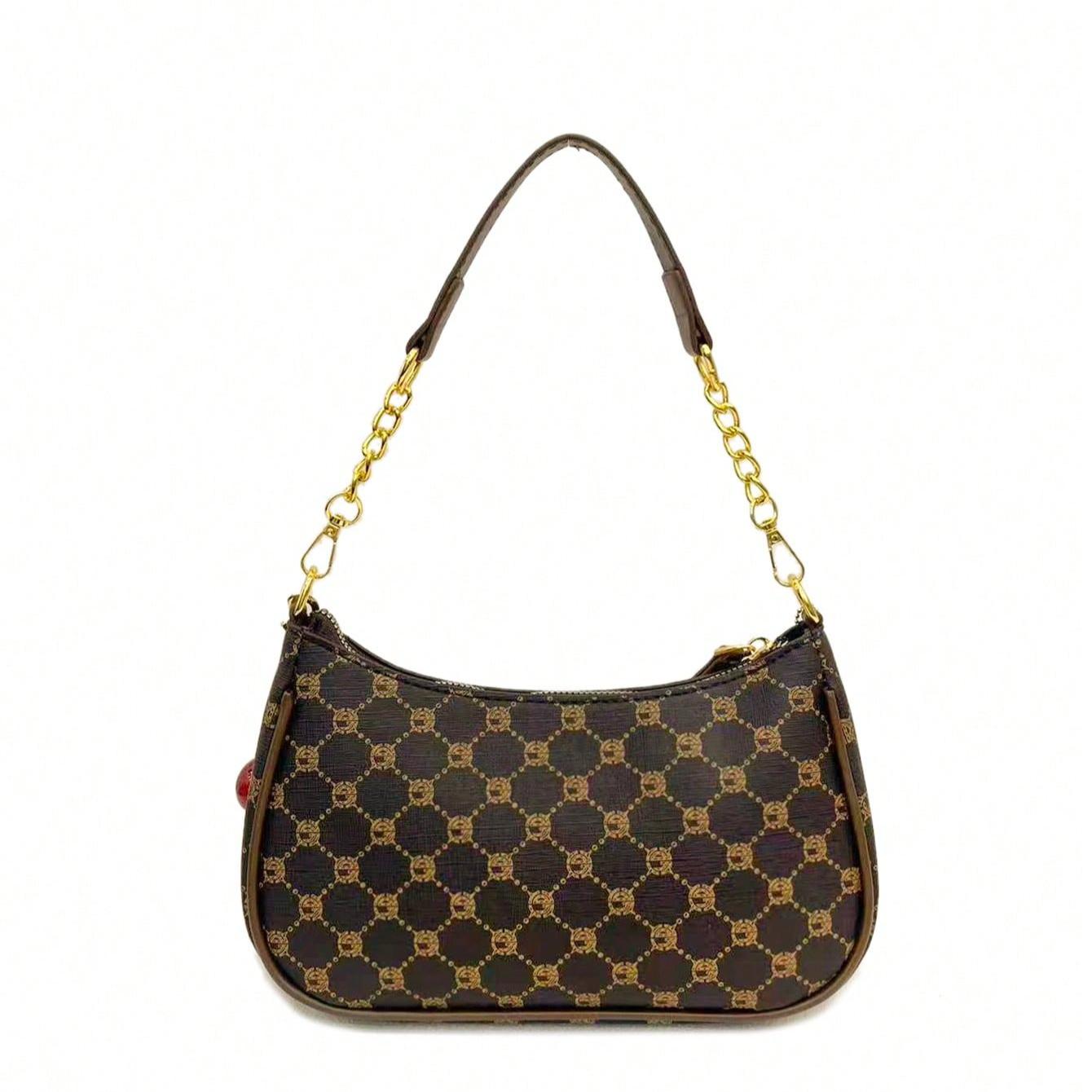 New Fashion Classic Shoulder Bag Versatile PU Waterproof Fabric Letter Pattern Decorative Design Handbag, Solid Color One-Shoulder Crescent Bag Women's Wallet Bag With Cherry Pendant Decoration, Elegant Commuter Bag, Suitable For Shopping, Party