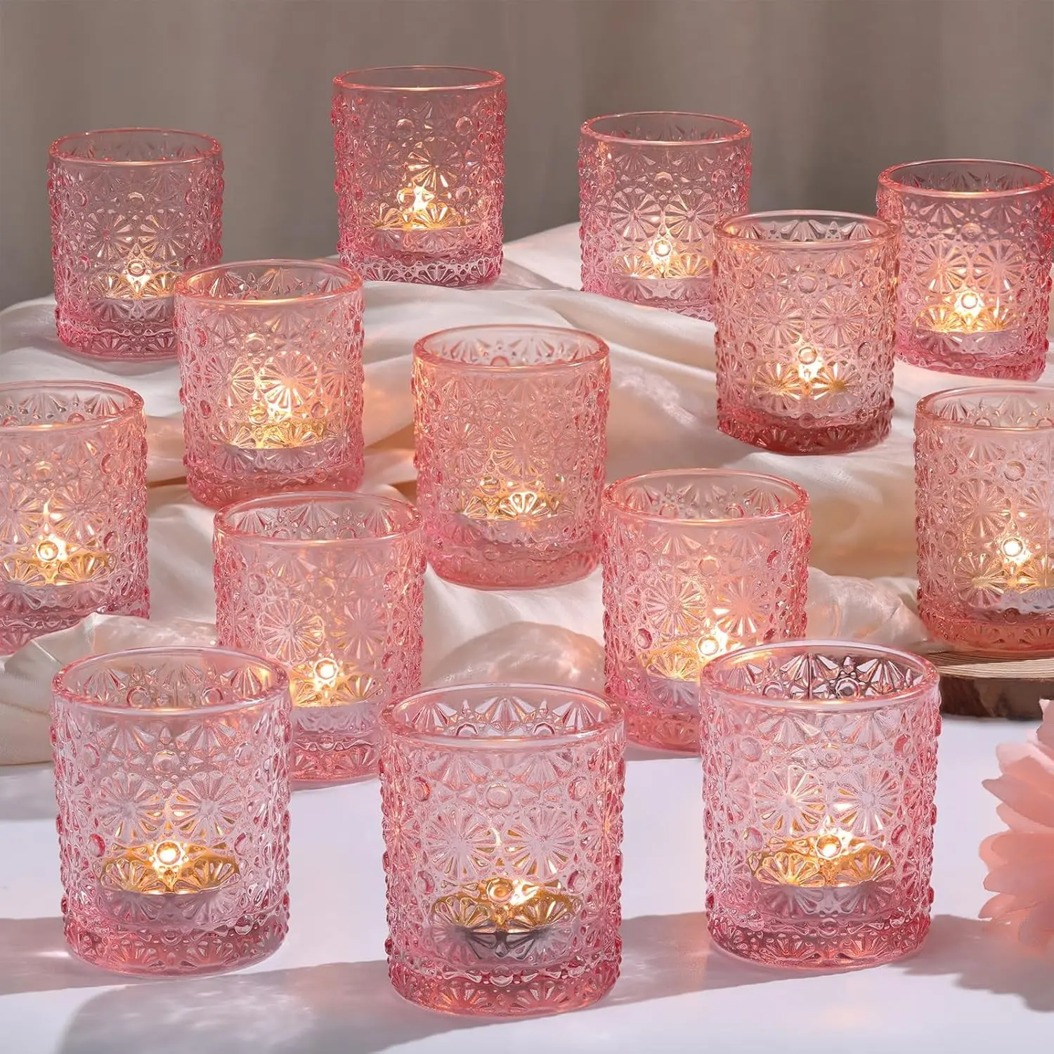 36 Pack Pink Votive Candle Holder, Flower Tea Lights Candles Holders for Wedding Table Centerpieces, Birthday Parties, Anniversary, Pink Bridal Shower and Holiday Decorations