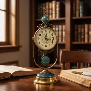 Retro Creative Metal Table Clock, Vintage Antique Pendulum Mantel Clock, Silent Battery Powered Golden & Brown Desktop Clock for Home Living Room