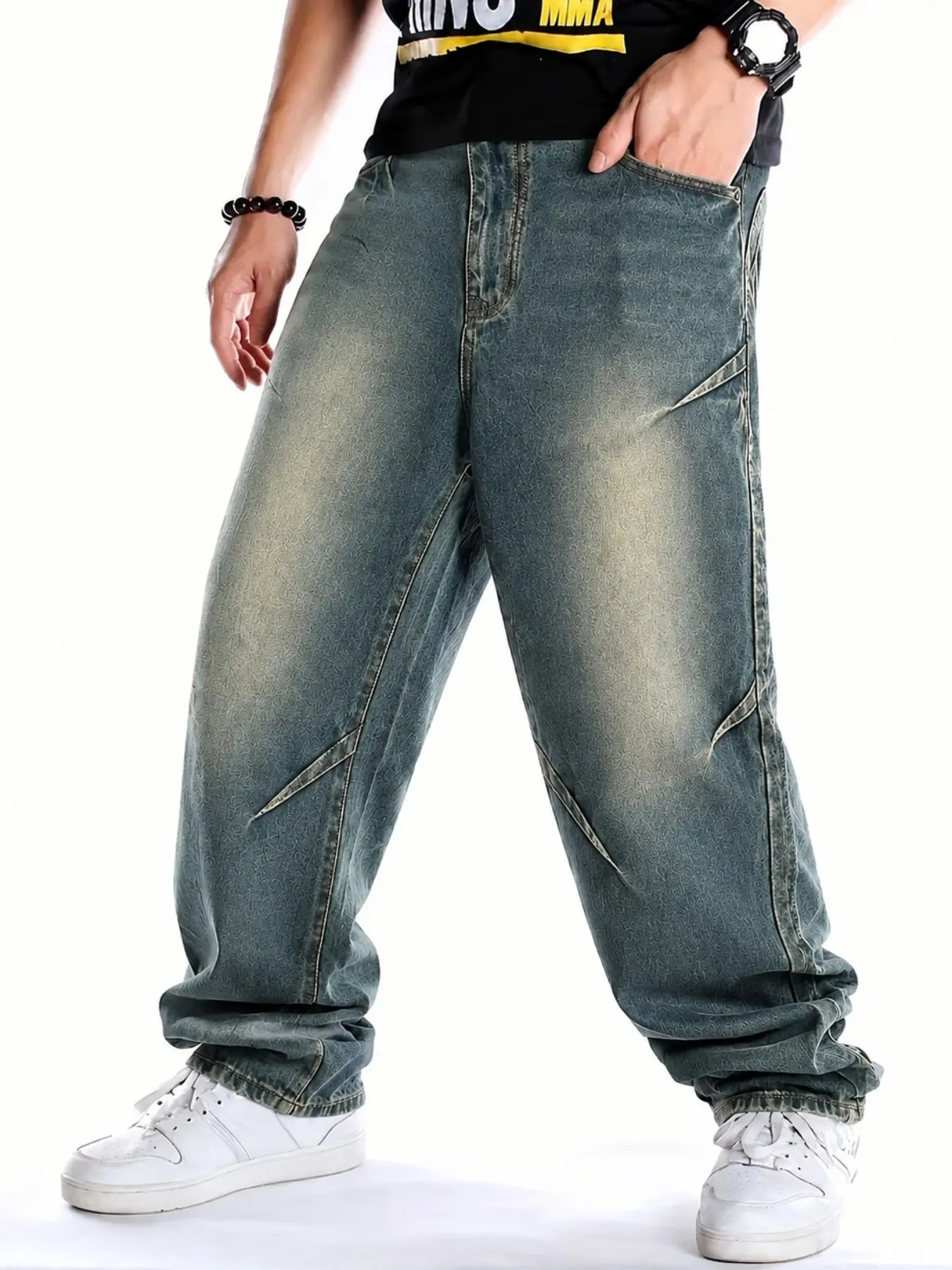 Men’s Blue Gray Washed Jacquard Baggy Jeans with Decorative Zipper Details, Wide Leg Y2K Streetwear Denim Pants