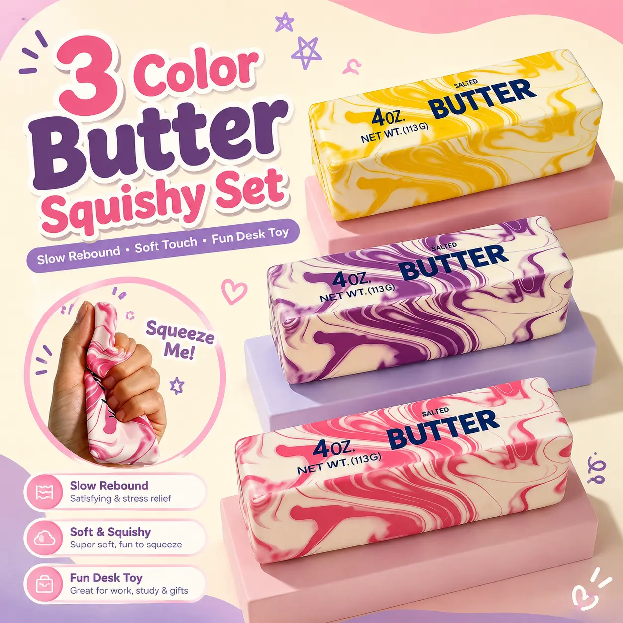 Pocket-Size Realistic Butter Squishy Toy, Kawaii Slow-Rising Fidget Sensory Tool for Kids, Anti-Anxiety Stress Relief ADHD Calming Accessory, Office Prank Gag Gift Goodie Bag Filler