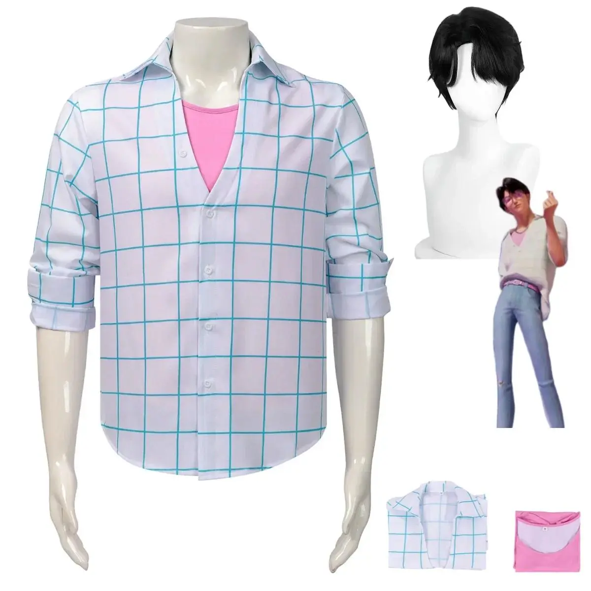2026 Anime Movies Saja Boys Jinu Cosplay Costume Boy Band Long Sleeves Grid Shirt Top Wig Adult Man Woman Daily Leisure Suit