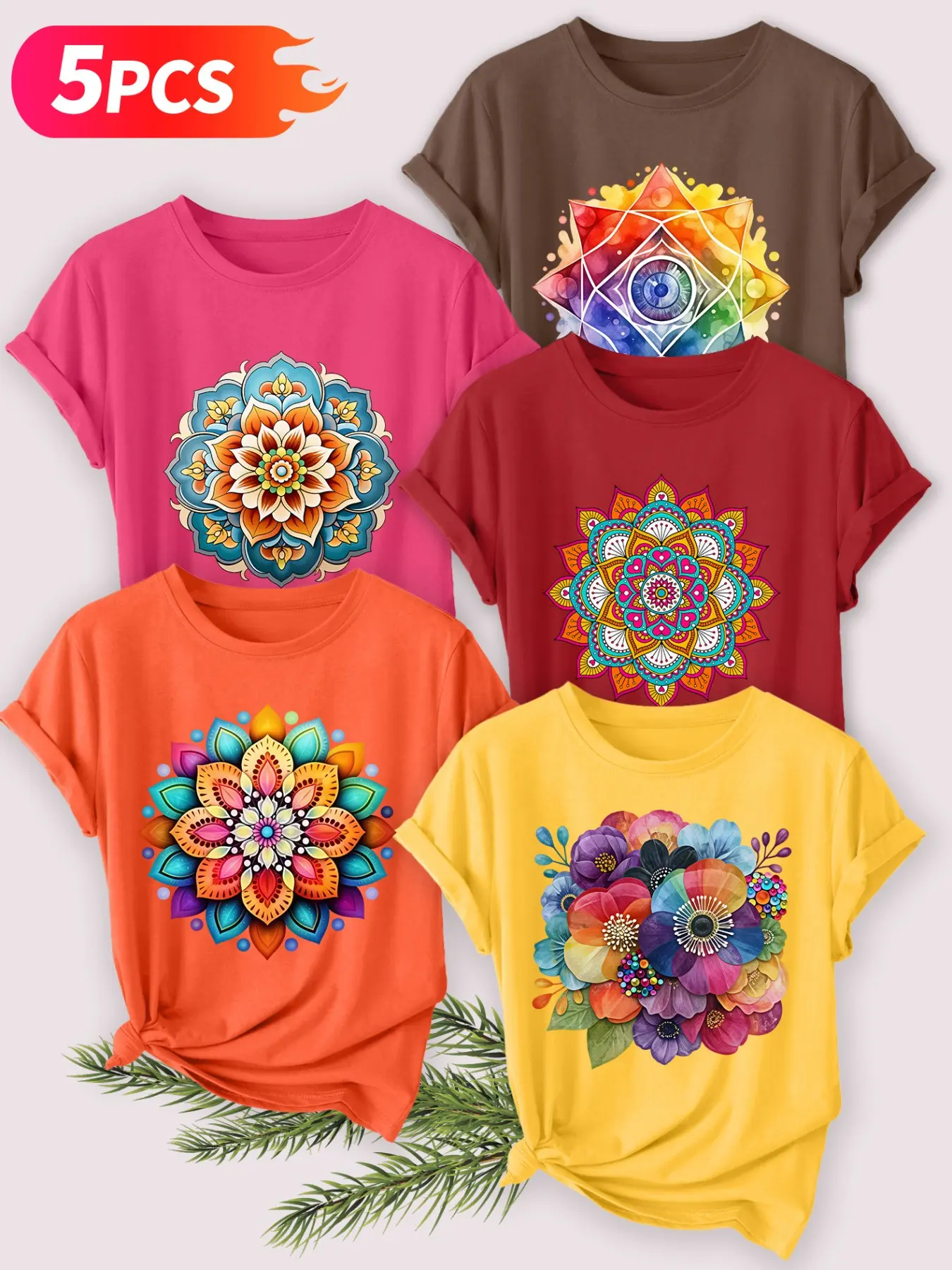 5Pcs Women Crew Neck T-shirt, Color Mandala Bohemian Floral Geometric Meditation Healing Print, Soft Washable Five-piece Casual Tee Set