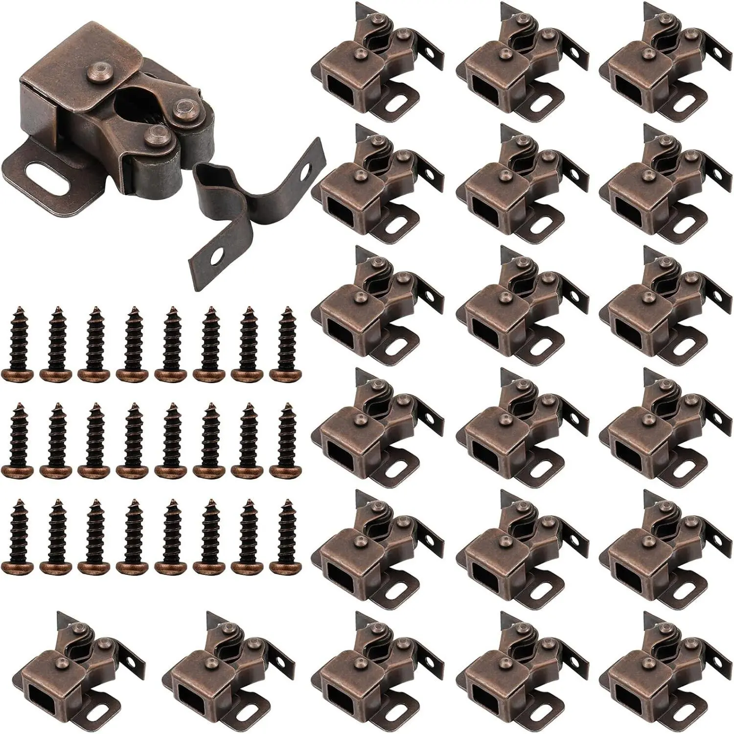 Bonuci 20-Pcs Brown Antique Copper Double Roller Cabinet Door Latch Catch Hardware with Spear Strike, Includes Screws for Closet, Kitchen Doors