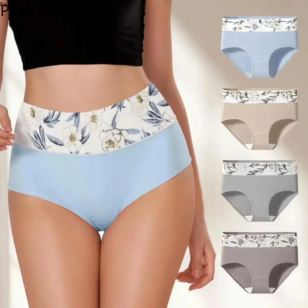 4 Pack Plus Size Floral Print Briefs, High Waisted Cotton Panties with Stretchable Elastic Waist, Soft Breathable Underwear for Women, Great for Home, Travel & Everyday Comfort