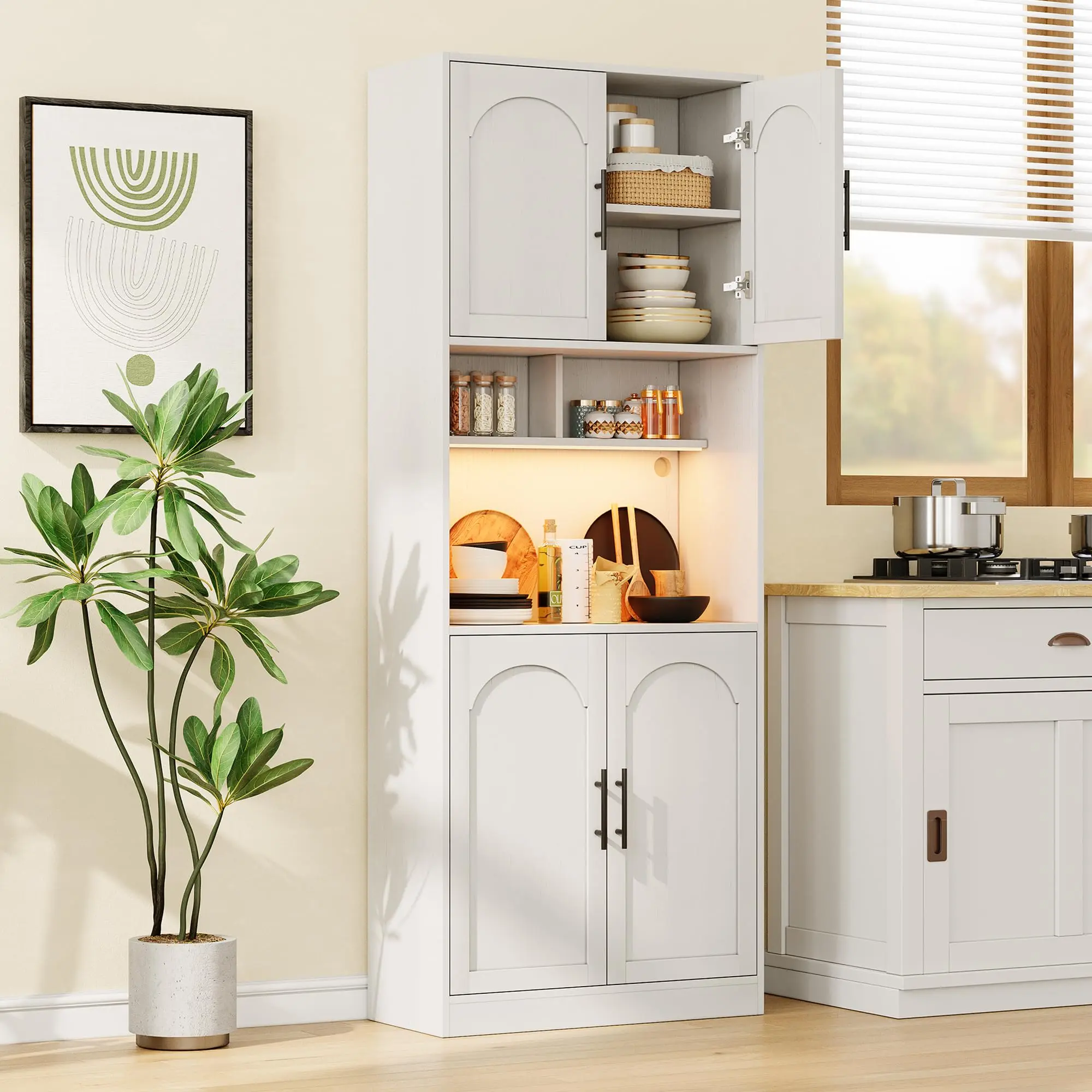 GARVEEKitchen Pantry Cabinet with RGB Light, Tall Kitchen Hutch Bar Cabinet with Microwave Stand, Farmhouse Large Wood Storage Cabinet with Barn Doors & 2 Open Shelves, Cupboard for Dining Room, White