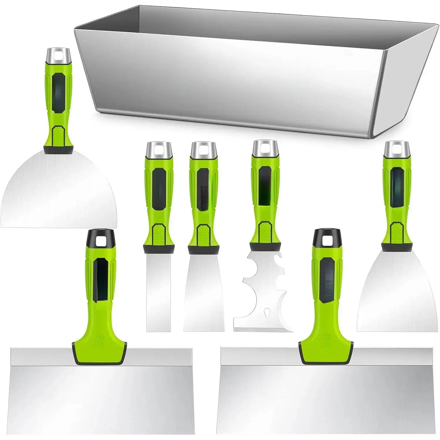 Drywall Tools, 8Pcs High Quality Stainless Steel Drywall Knife Set, Putty Knife with Mud Pan, Ergonomic Grip Tapping Knife with Hammer End for Drywall Work