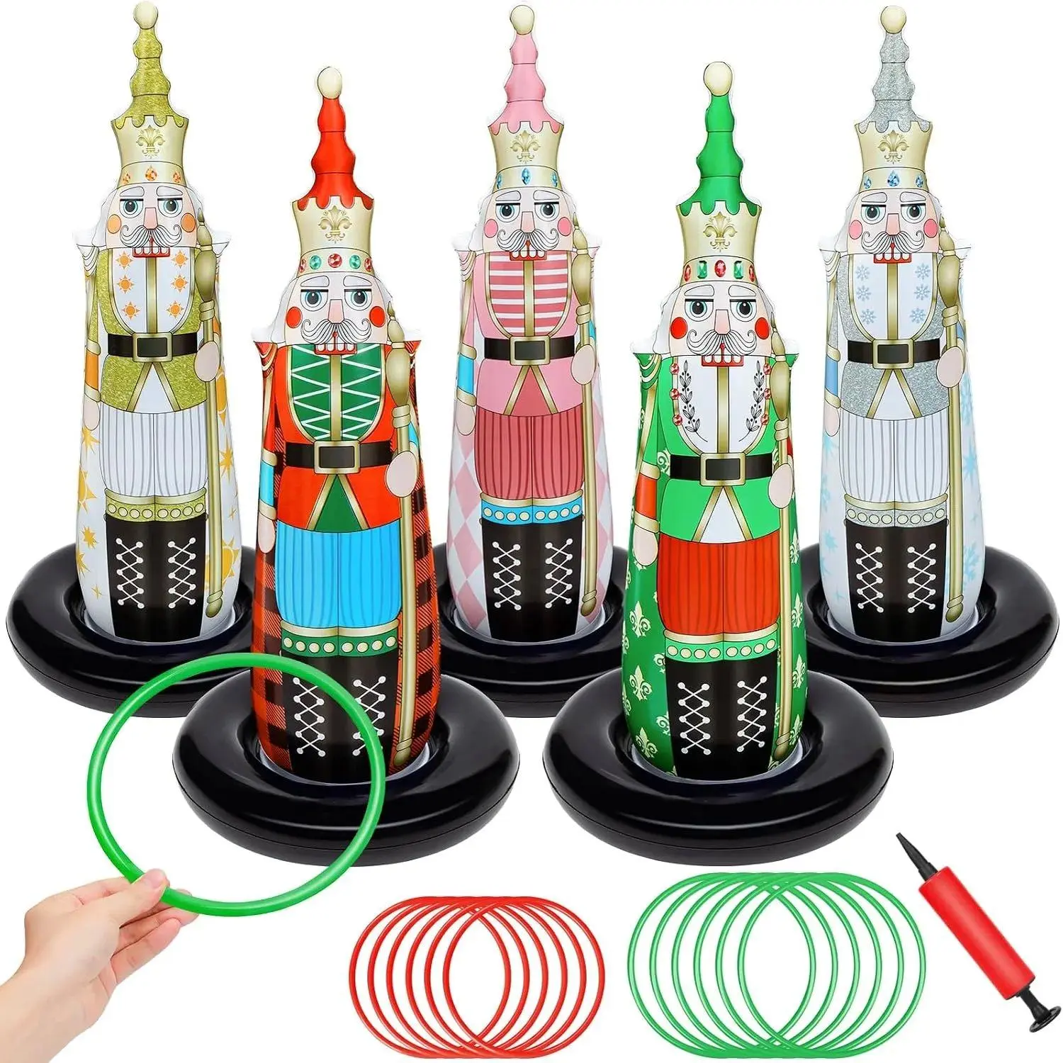 5-Pack Large Printed PVC Nutcracker Ring Toss Game Set, Inflatable Indoor-Outdoor Sports & Leisure Toys for Family Parties, Holiday Decorations & Gifts
