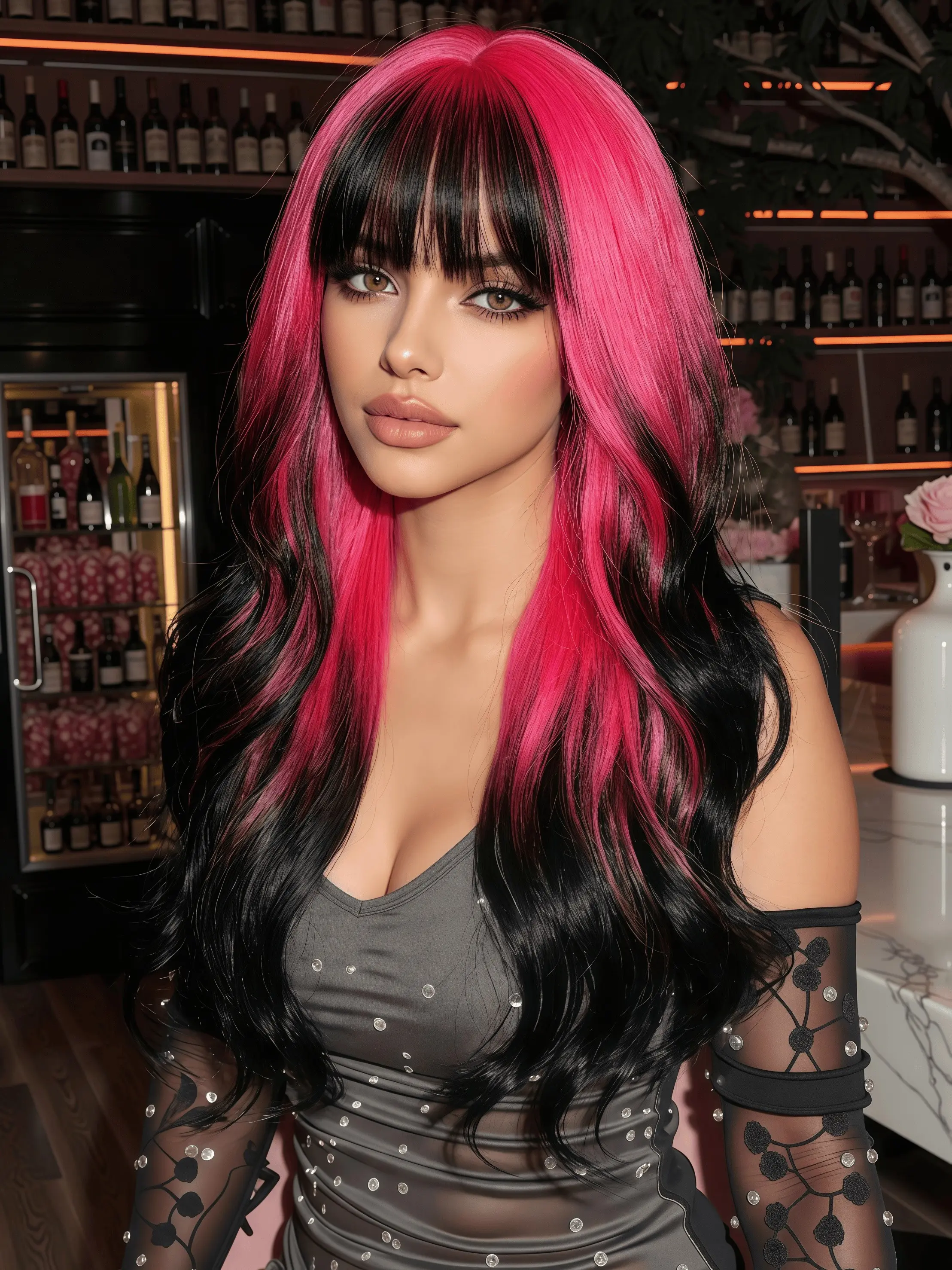 Long Wavy Two-Tone Wig with Bangs for Women - Vibrant Hot Pink & Jet Black Ombre - 22 Inch Heat Resistant Synthetic Hair - Trendy Mermaid Wave Hair for Party Cosplay Daily Wear Synthetic Hair Wigs