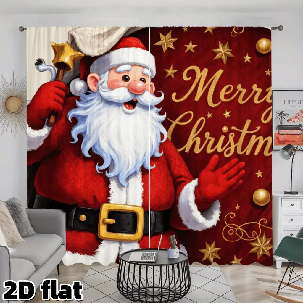2D Flat 2Pcs Festive Christmas Santa Pattern Curtains, Red Gold Star Design, Semi Sheer Rod Pocket Style, Perfect for Living Room Bedroom Kitchen Party Home Decor, Holiday Season Window Treatment, Privacy Protection
