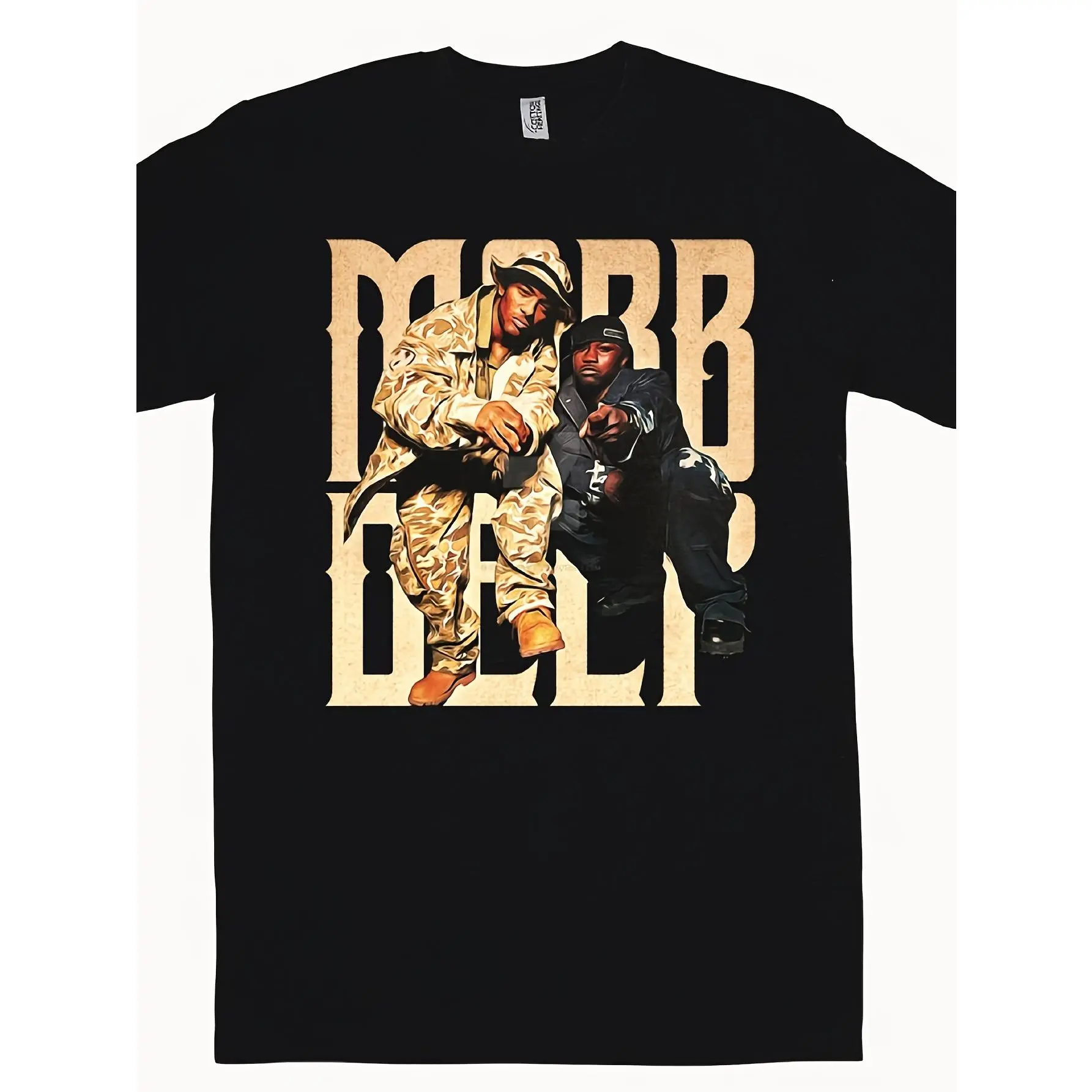 Vintage Bootleg-style Print, Fully Immersed in Hip-hop Nostalgia, Featuring the Portraits of Legendary Rap Duo Mobb Deep, Paired with the Iconic 90s Rap T-shirt's Large "MOBB DEEP" Typography. It Perfectly Replicates the Vintage Bootleg Texture