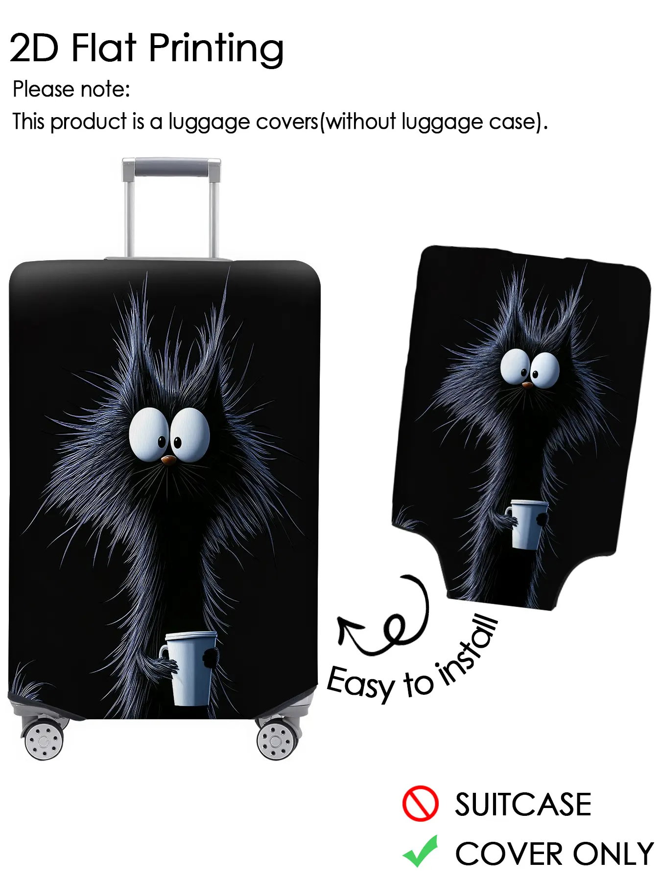 Black haired cute cat holding coffee cup luggage cover, luggage dust cover, dust-proof, scratch resistant, personalized pattern not easily confused, suitable for 18-32 inch luggage, essential travel accessory