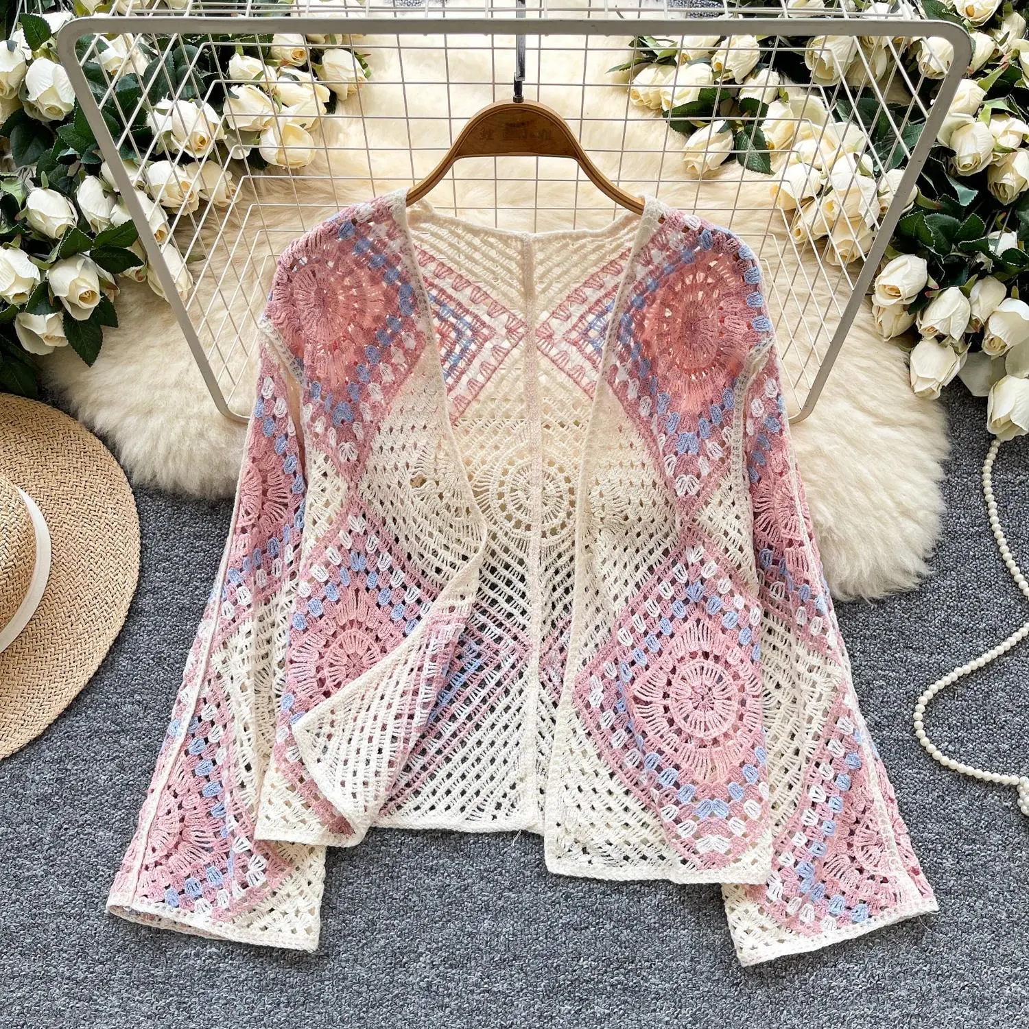Pastel Granny Square Crochet Cardigan Sheer Open Front Knit Shrug Top Women Summer Beach Bikini Cover Up Boho Vacation Outfit