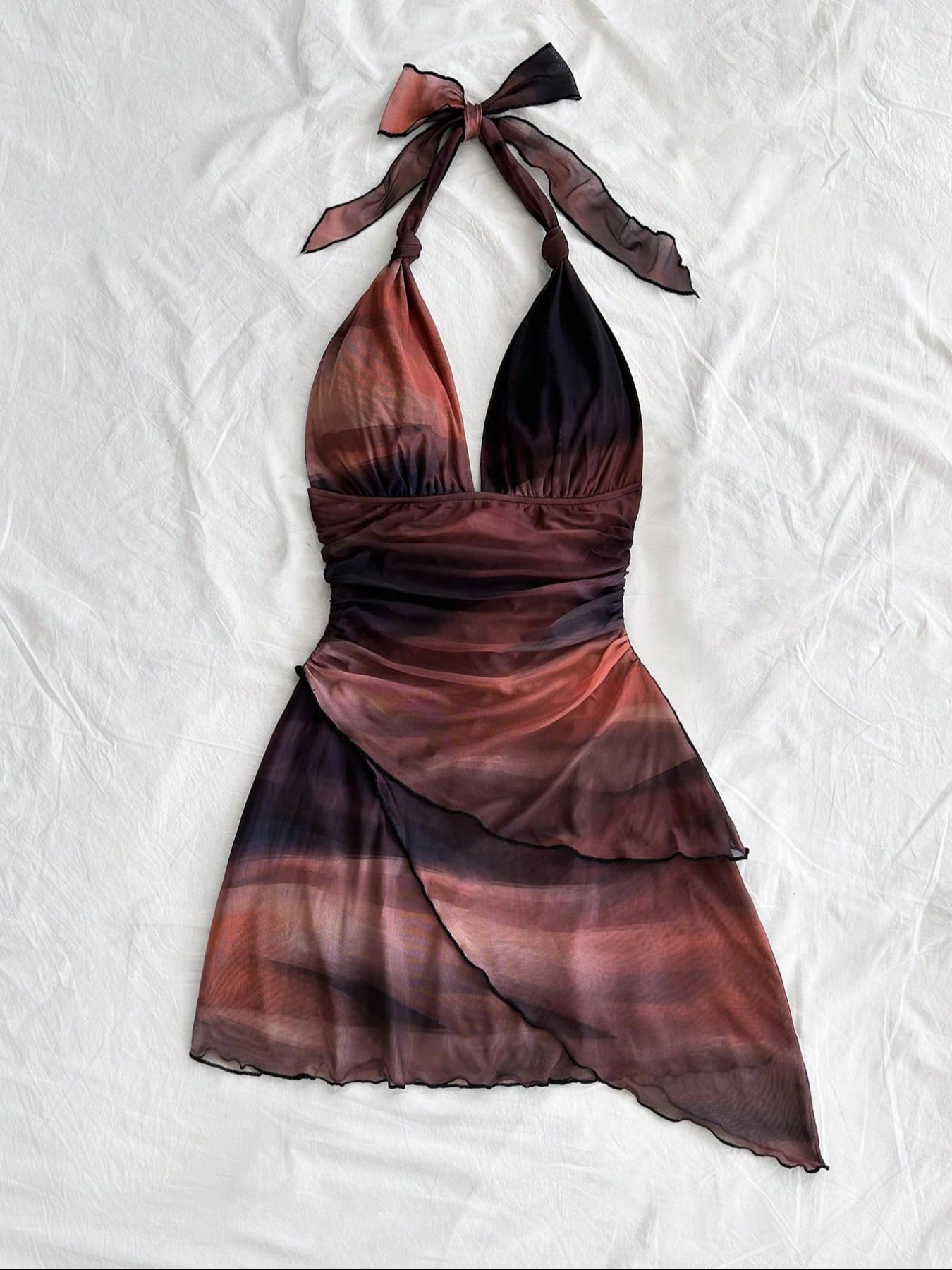 Women's Colorblock Print Tie Back Fashion Draped Dress, Chic Casual Halter Sleeveless Dress for Summer, Ladies Clothes for Beach Holiday Vacation