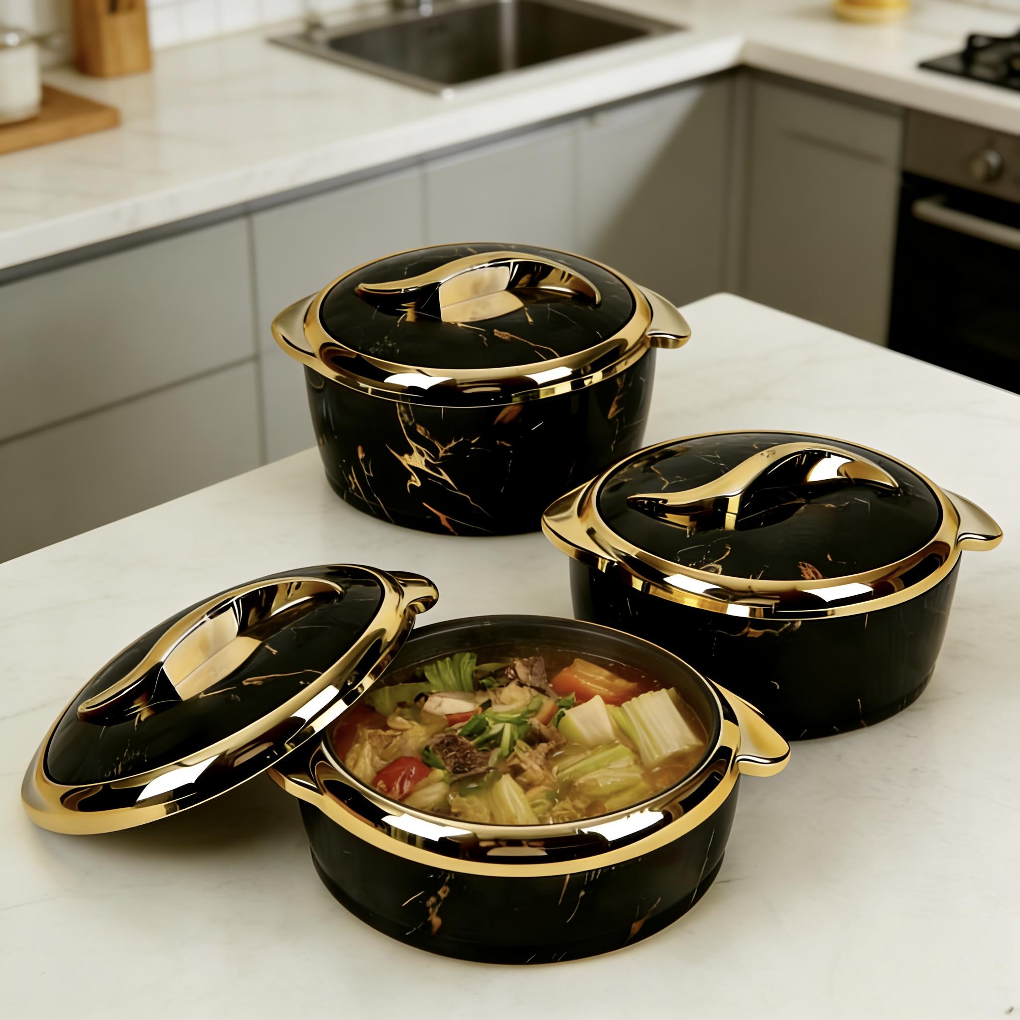 3-piece black insulated casserole set with lids, insulated bowls can keep food hot or cold, stainless steel insulated containers are suitable for making Indian pancakes, salads, soups, and party food (2.6/2.1/1.6 quarts)